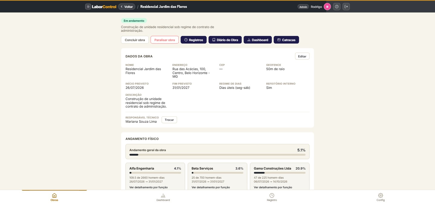Detalhe da obra — botões Registros, Diário de Obra, Dashboard e Catracas, dados básicos e andamento por fornecedor